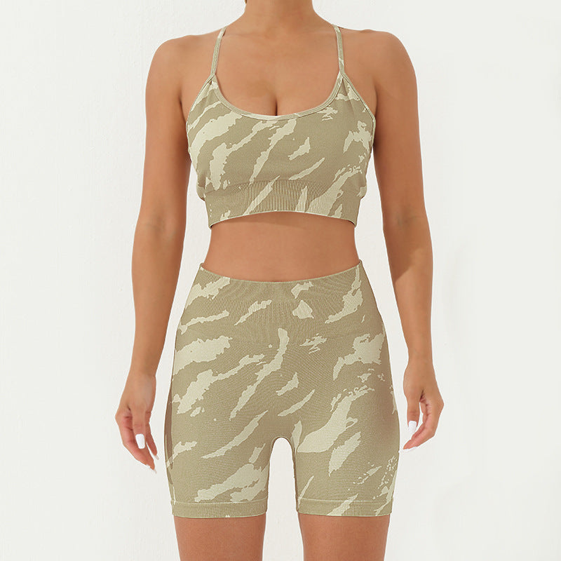 2Pcs Camo Print Backless Criss-Cross Strap Top Bra Shorts Leggings Pants Fitness Yoga Outfit Set