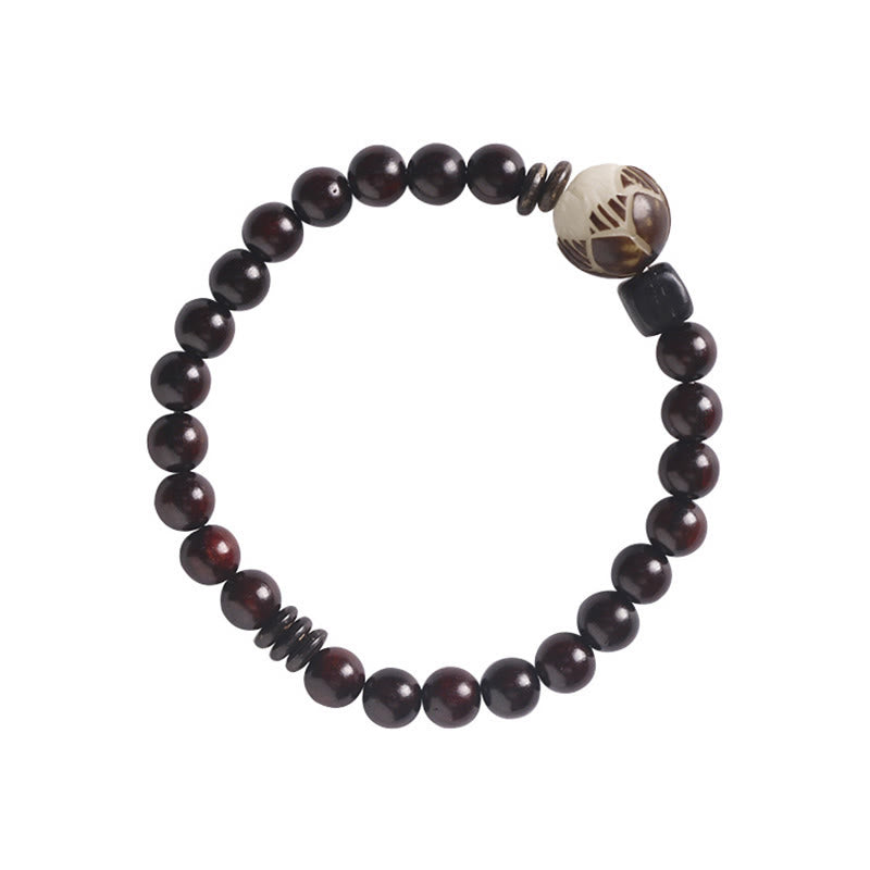 Carved Red Sandalwood and Lotus Bodhi Seed Double Wrap Bracelet