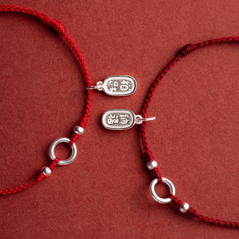 925 Sterling Silver Ping An Kou Lotus Red String Bracelet with Peace and Joy Charms