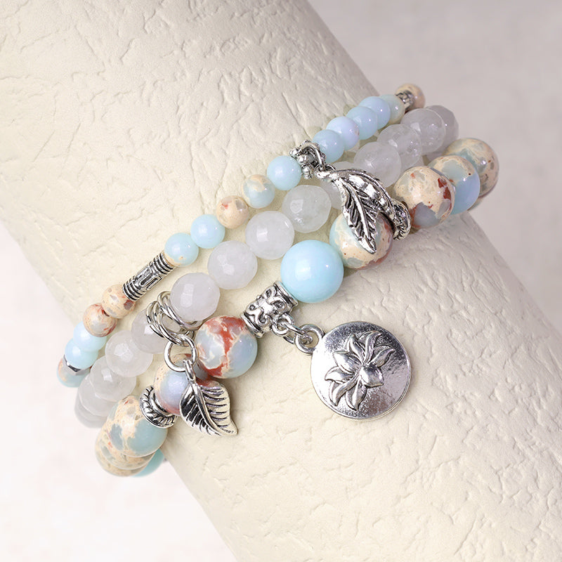 3PCS Natural Gemstone Beaded Lotus Charm Bracelet Set
