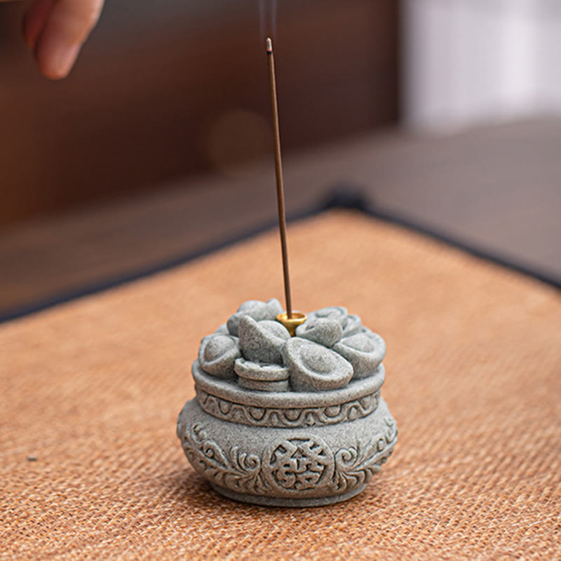 Goldstone Sycee Ingot Incense Burner with Fu Symbol Desk Meditation Tool
