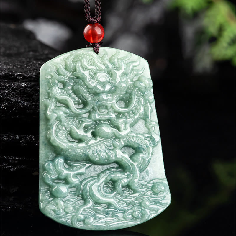 Natural Jade Chinese Zodiac Dragon Sea Luck String Necklace Pendant