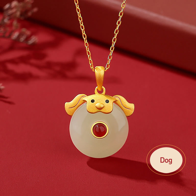 925 Sterling Silver Hetian Jade Chinese Zodiac Year of the Dragon Red Agate Luck Protection Necklace Pendant