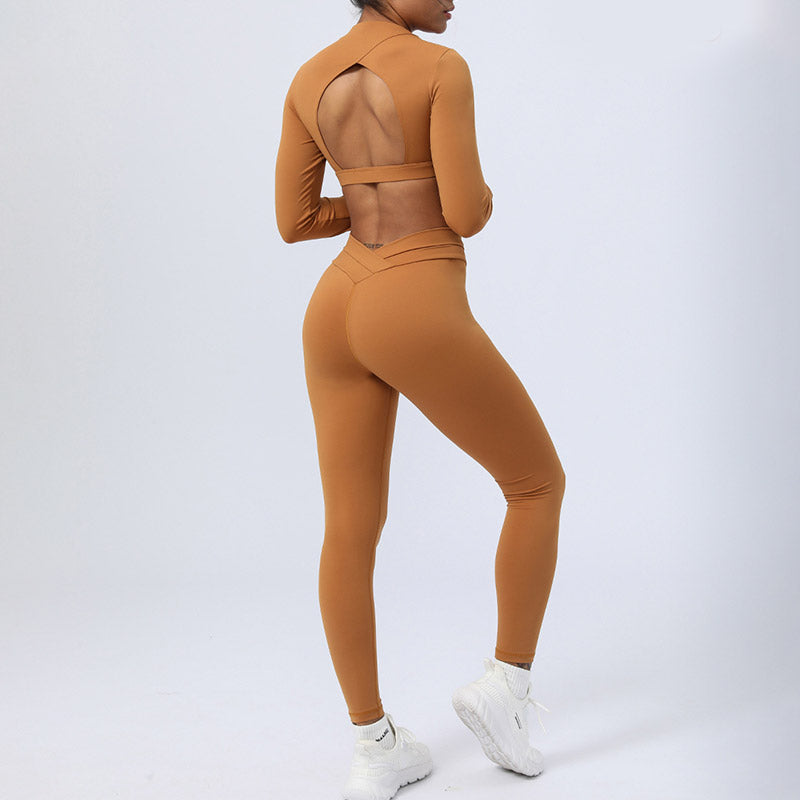 2Pcs Long Sleeve Backless Top Bra Leggings Pants Fitness Yoga Outfit Set