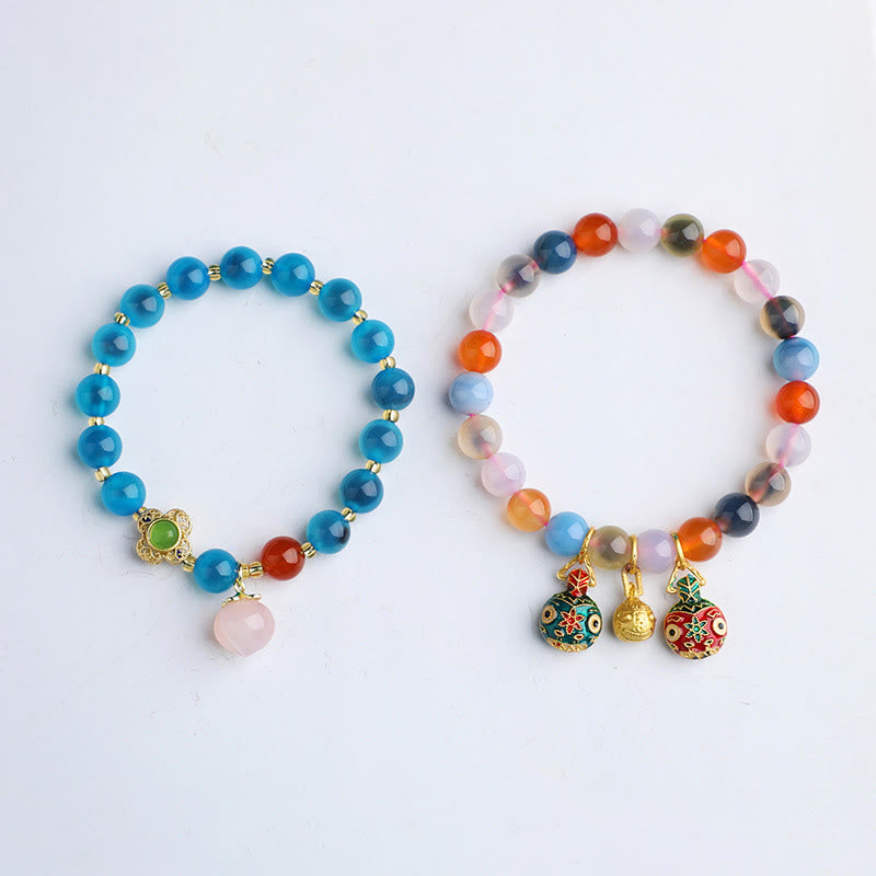 Handmade Candy Agate and Gold Pixiu Peach Charm Beaded Bracelet