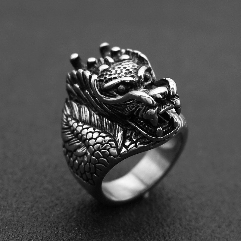 Polished Titanium Steel Dragon Motif Band Ring