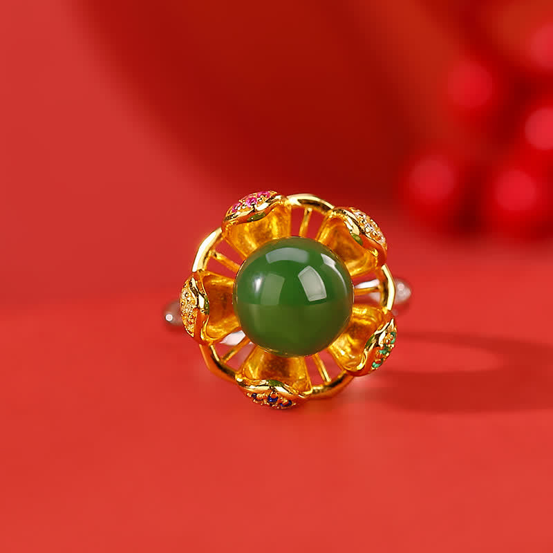 Handcrafted 925 Sterling Silver and Gold Jade Lotus Flower Ring