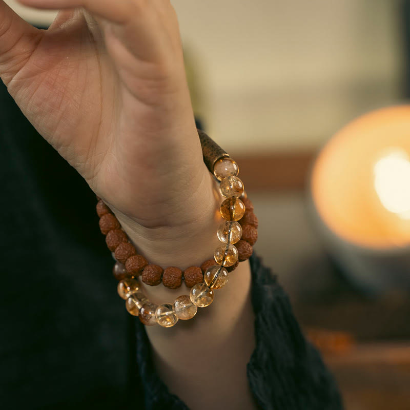 Natural Citrine Crystal Rudraksha Bodhi Seed Brass Bead Prosperity Double Wrap Bracelet