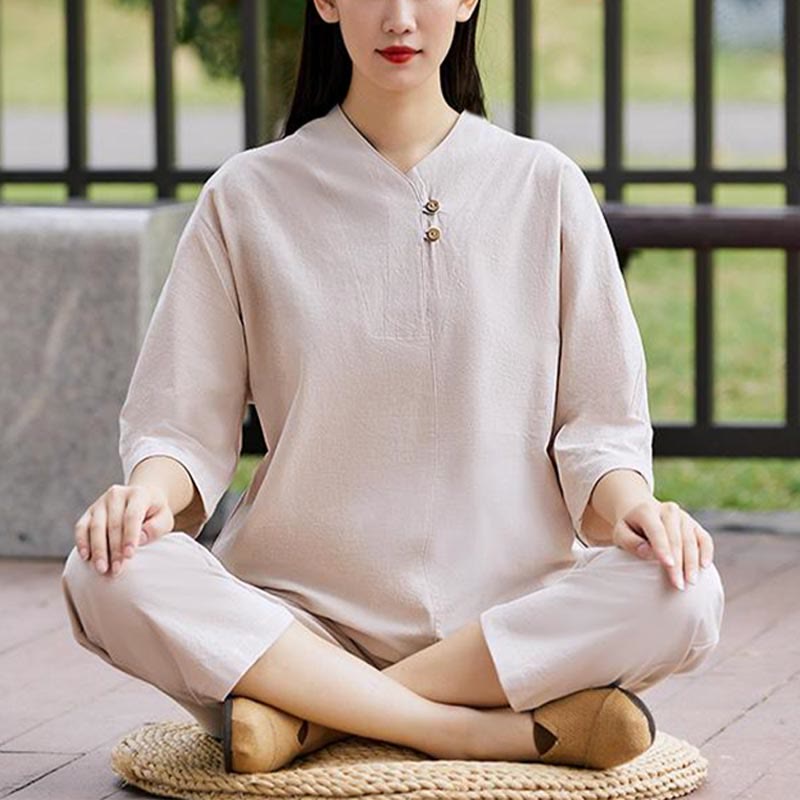 2Pcs Shirt Top Pants Meditation Zen Tai Chi Cotton Linen Clothing Women's Set