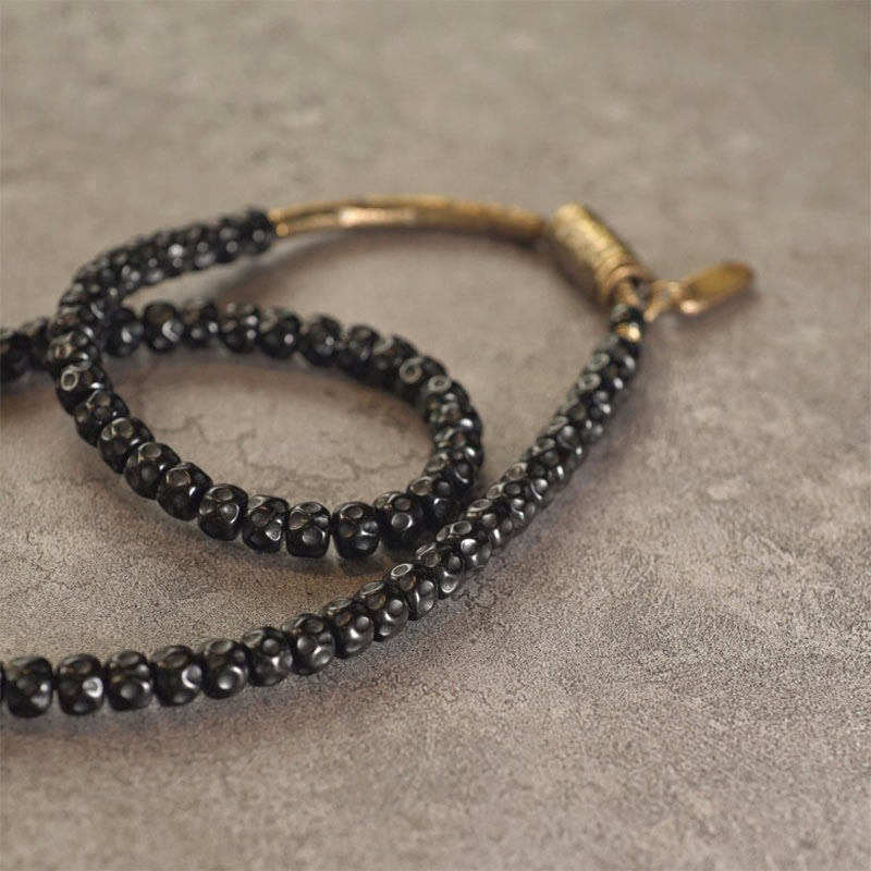 Retro Coconut Shell with Brass and Copper Accents Triple Wrap Bracelet