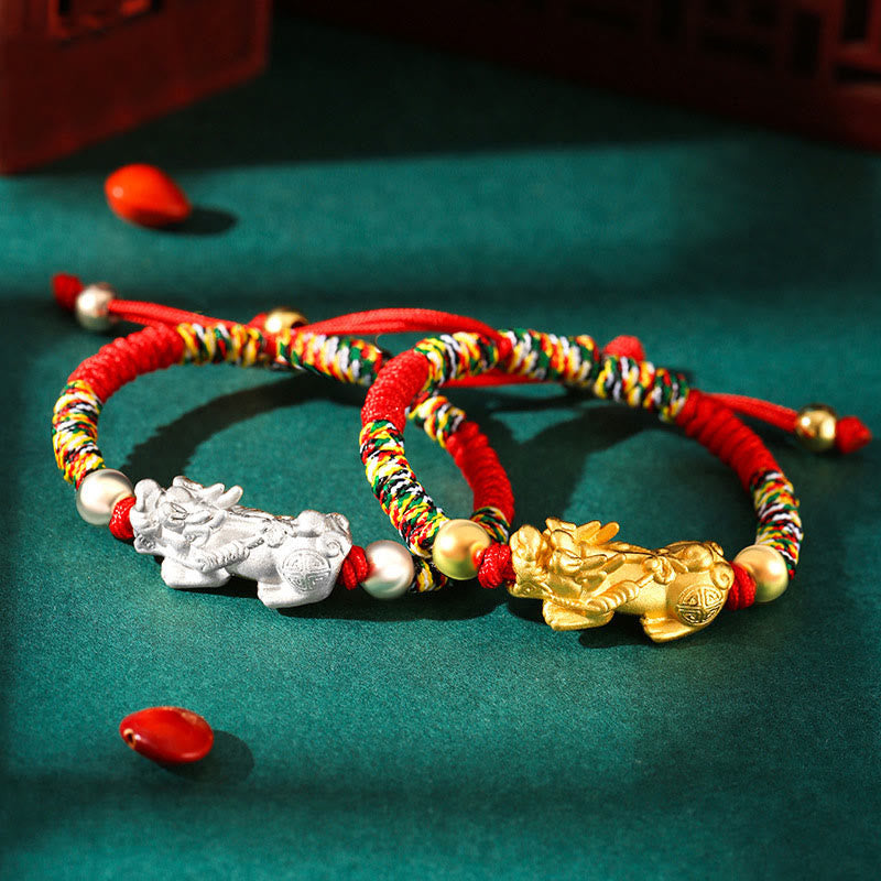 999 Sterling Silver Pixiu Red String Braided Vajra Knot Bracelet for Kids