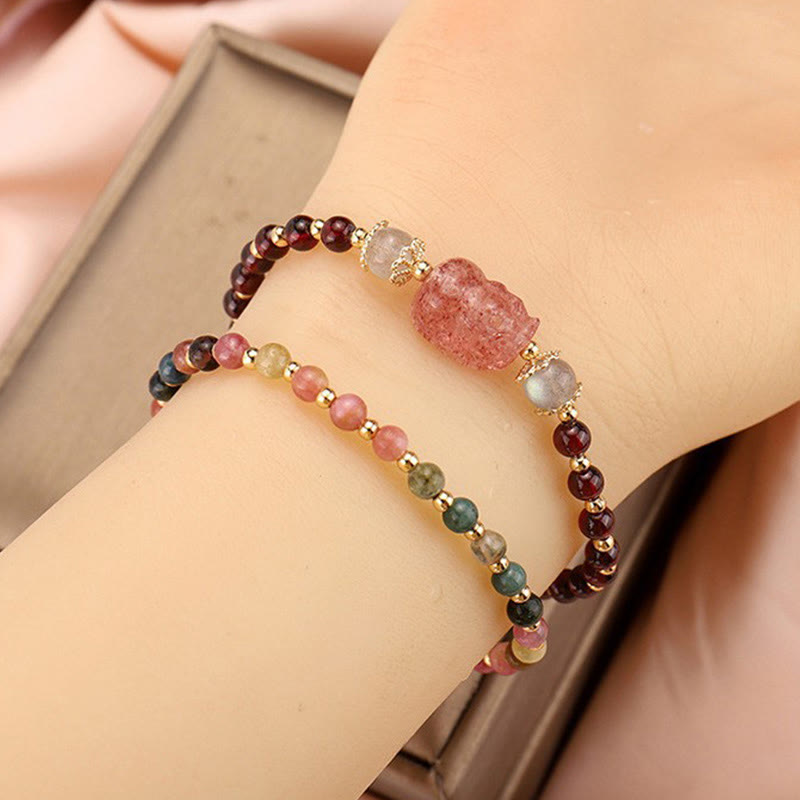 Natural Tourmaline Garnet Strawberry Quartz PiXiu Moonstone Protection Bracelet