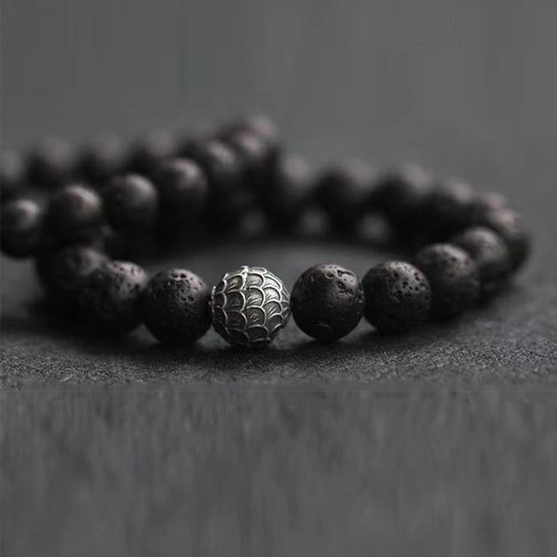Textured Copper Fish Scale and Volcanic Lava Stone Beaded Bracelet