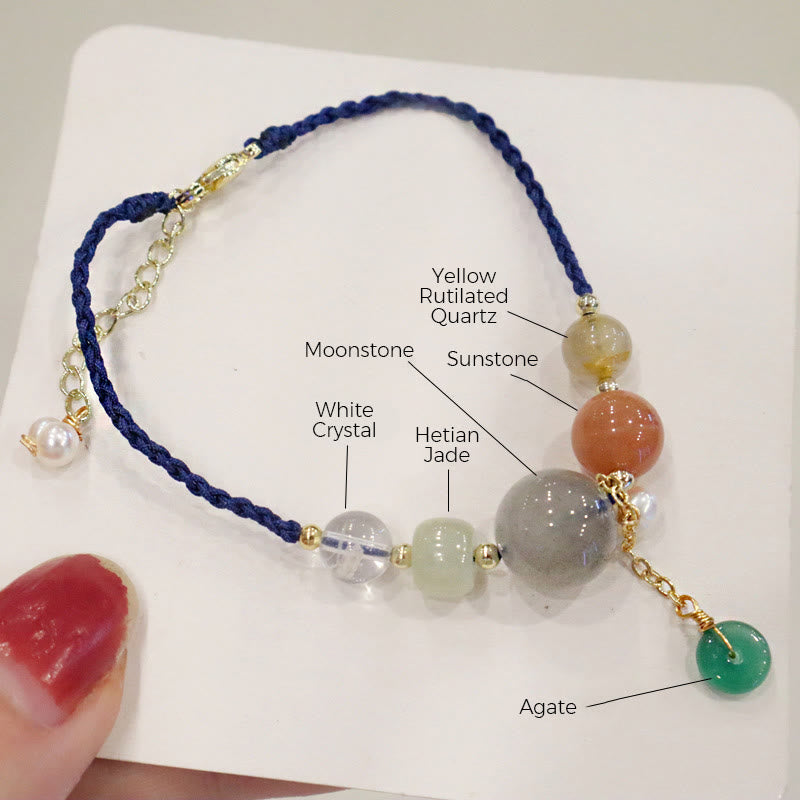 Multi-Gemstone Rope Bracelet with Moonstone, Sunstone, Hetian Jade & Ping An Kou Charm