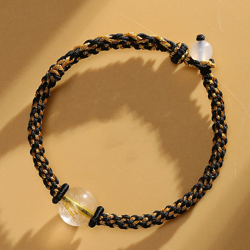 Handmade Red Agate Amethyst Golden Rutilated Quartz Pink Crystal Bead Calm Braided Bracelet