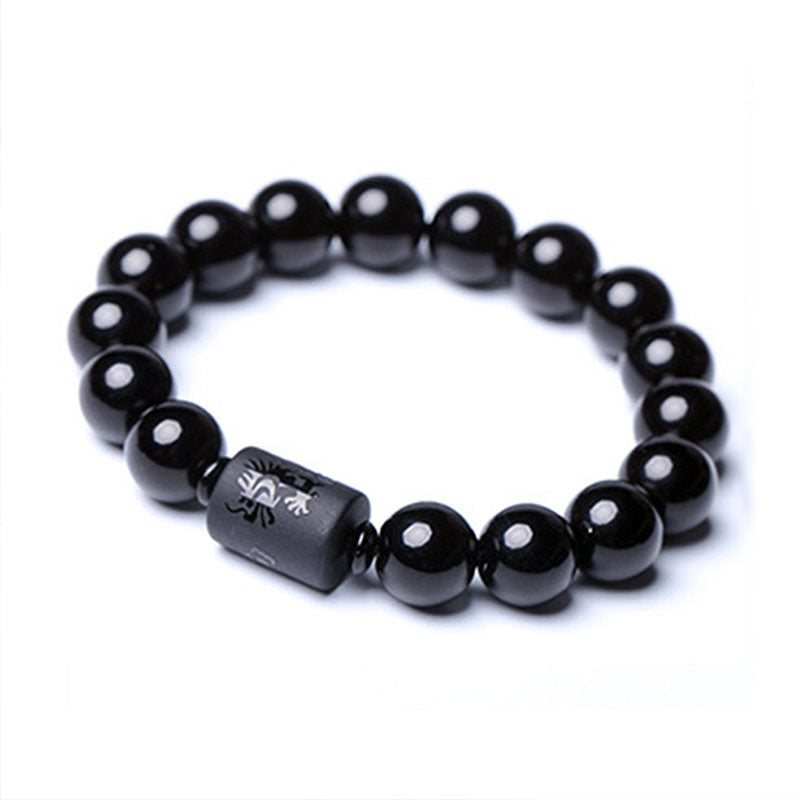 Carved Black Obsidian Dragon and Phoenix Beaded Energy Bracelet