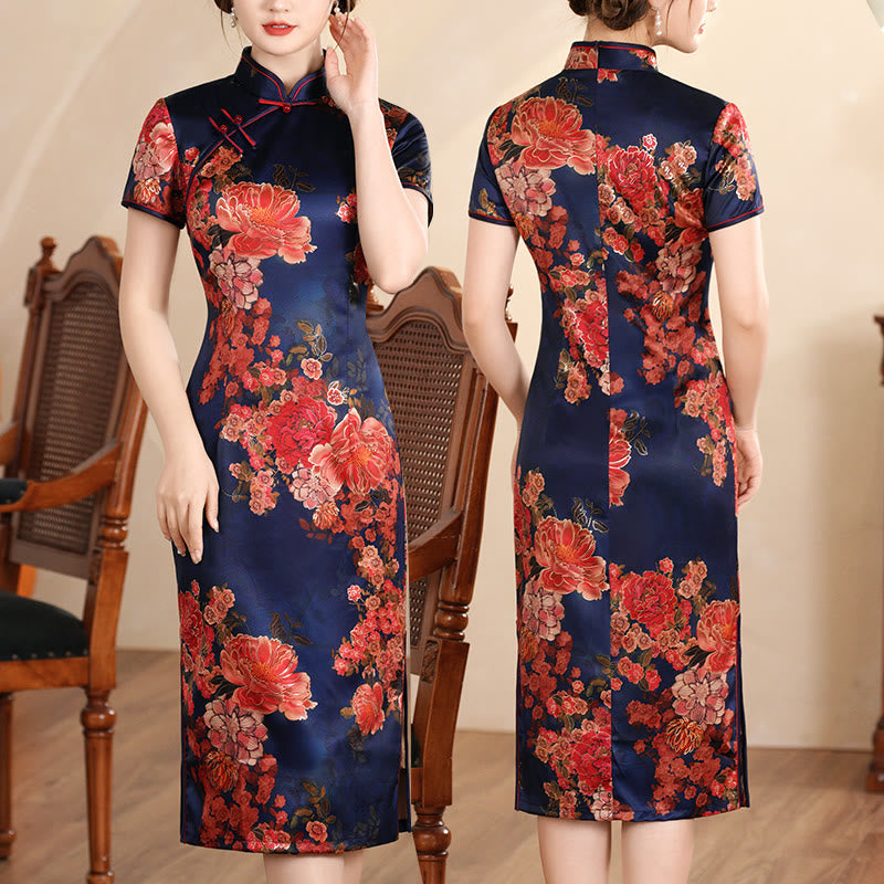 Smooth Knit Lotus Peony Print Mindful Qipao Cheongsam Dress