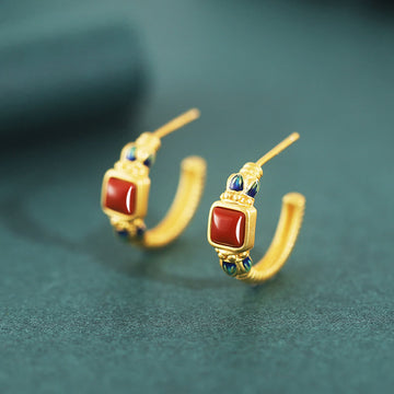 925 Sterling Silver Red Agate Lotus Stud Earrings