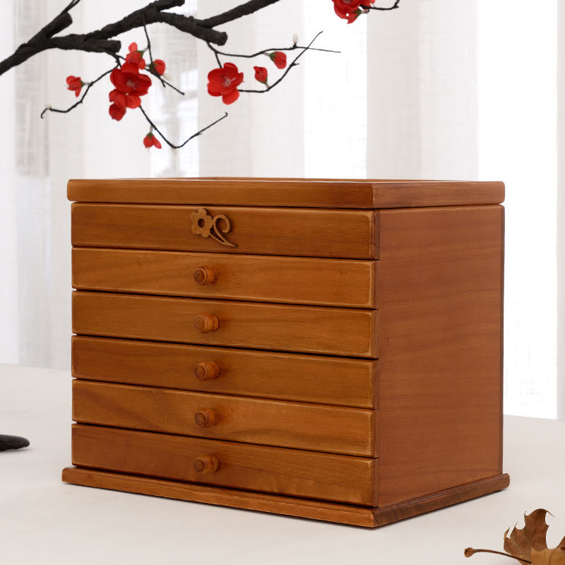 Vintage Plum Blossom Carved Wooden Jewelry Box Six-Layer Jewelry Storage Box