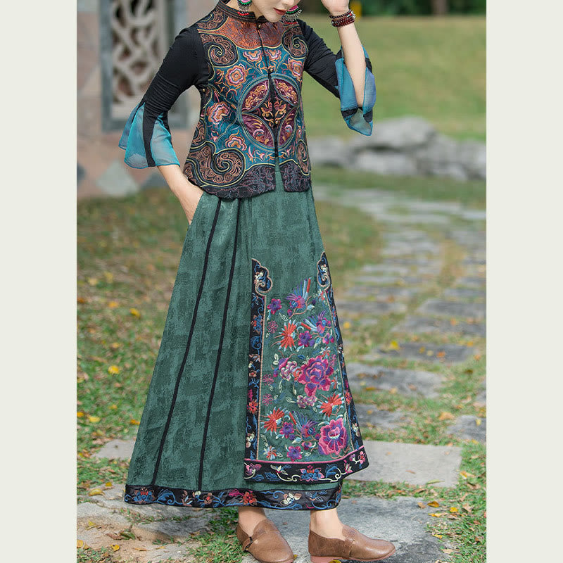 Vintage Style Embroidery Flower Tang Suit Design Sleeveless Vest