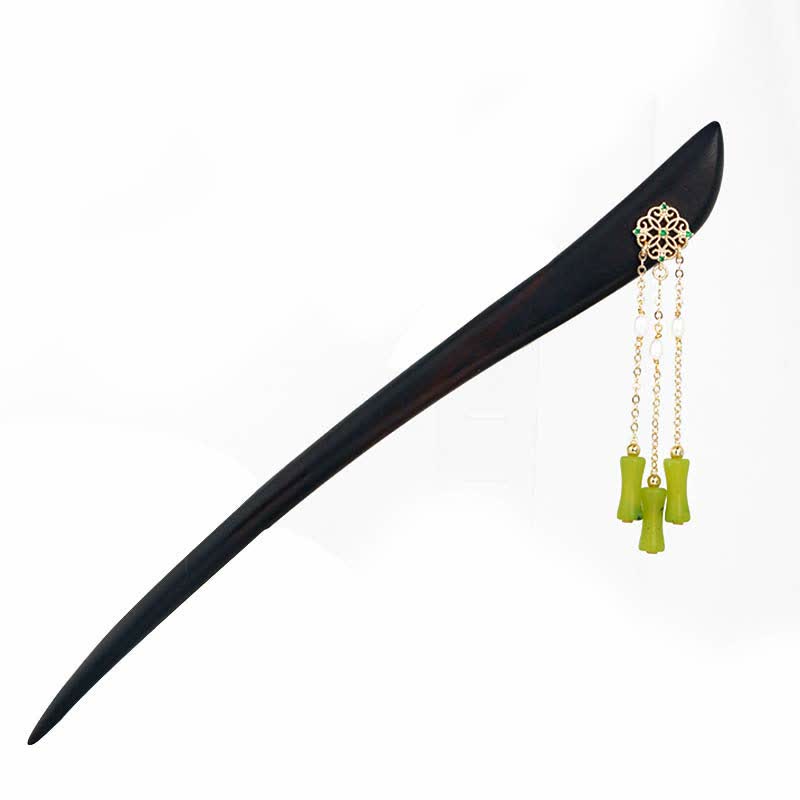 Natural Peridot Ebony Wood Love Tassels Hairpin