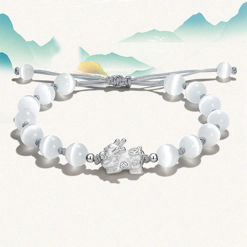 Natural Black Obsidian Cat's Eye Pink Crystal PiXiu Strength Bracelet