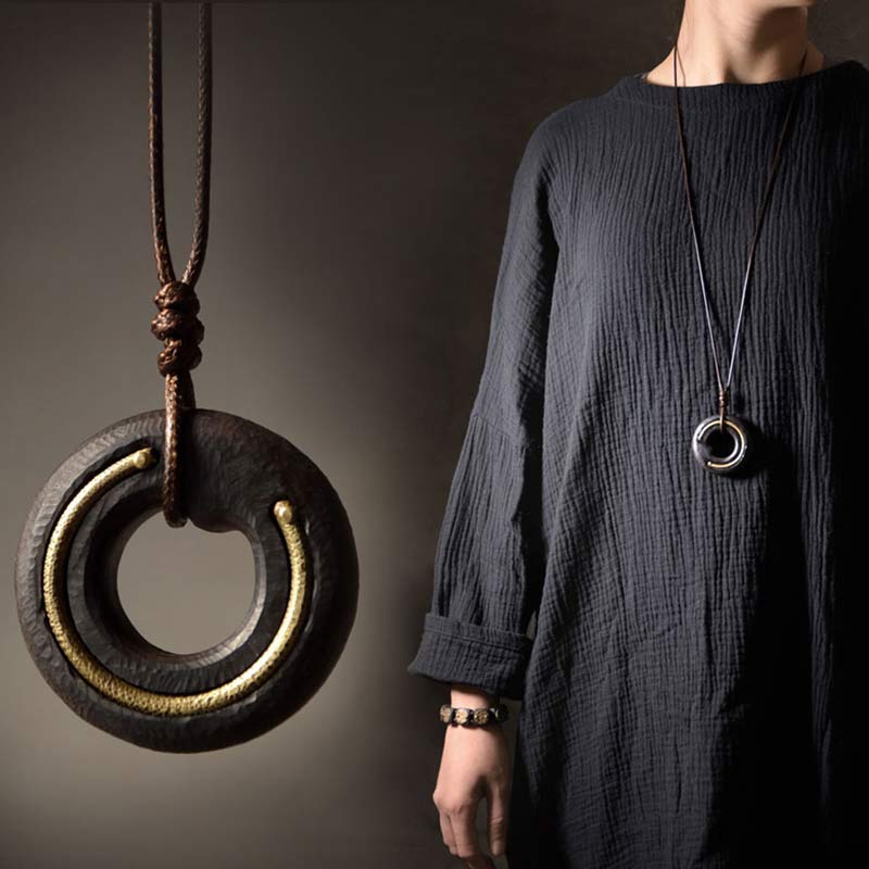 Zen Circle Ebony Wood Peace Calm Necklace Pendant