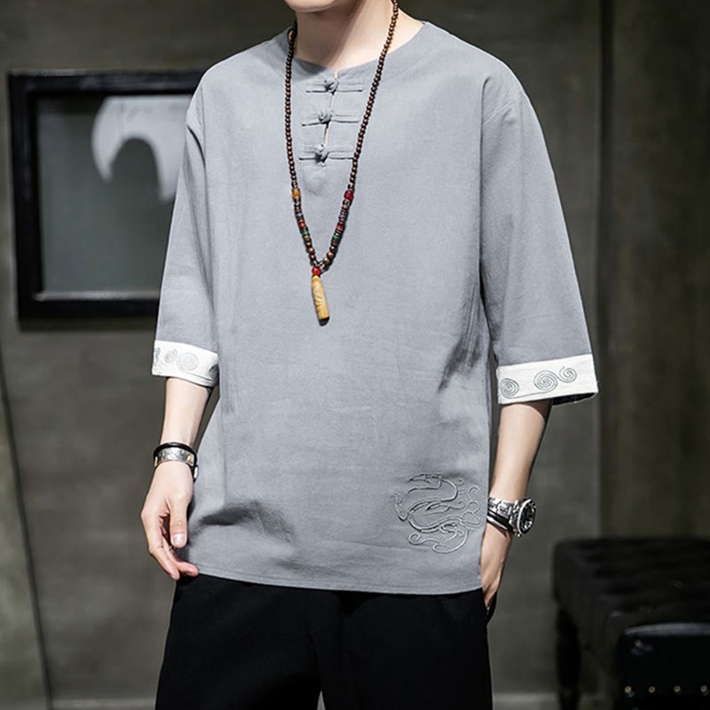 Frog-Button Dragon Embroidery Chinese Tang Suit Three Quarter Sleeve Shirt Cotton Linen Men Clothing