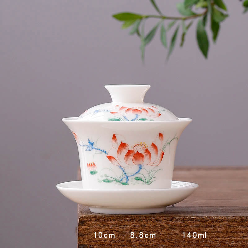 White Porcelain Mountain Landscape Countryside Ceramic Gaiwan Teacup Kung Fu Tea Cup And Saucer With Lid