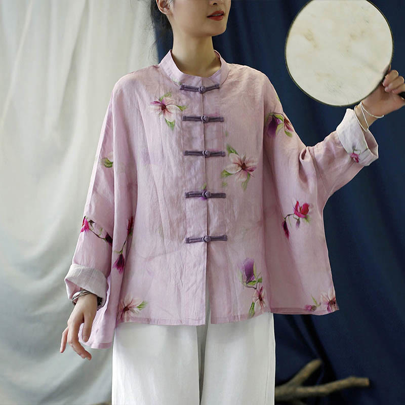 Pink Flower Print Frog-button Design Batwing Long Sleeve Ramie Linen Jacket Shirt