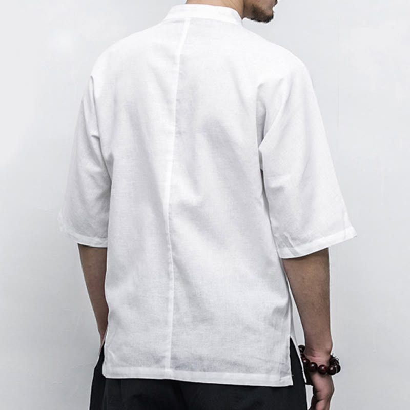 Chinese Frog-Button Tang Suit Zen Half Sleeve Shirt Linen Men Clothing
