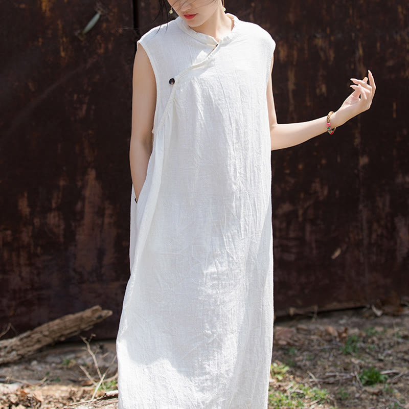 Handmade Tie Dye Midi Dress Linen Sleeveless Dress