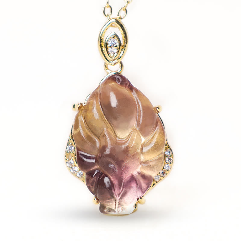 Natural Colorful Fluorite Hand-Carved Nine-Tailed Fox Pendant Necklace