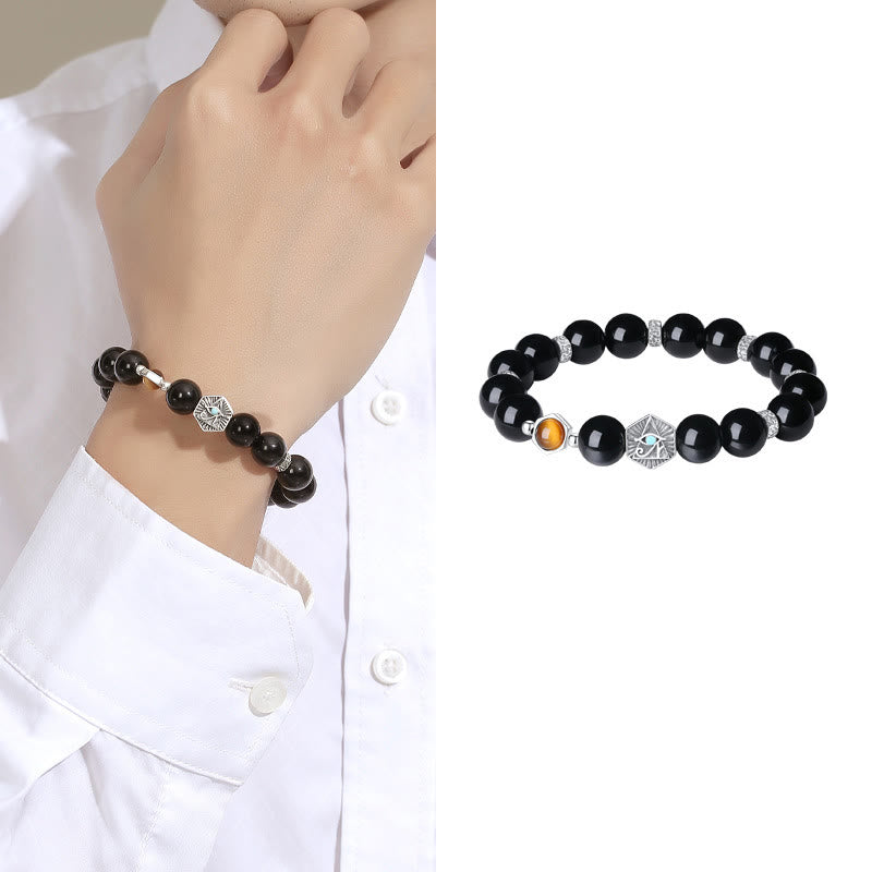 925 Sterling Silver Black Obsidian Tiger Eye Eye of Providence Purification Bracelet