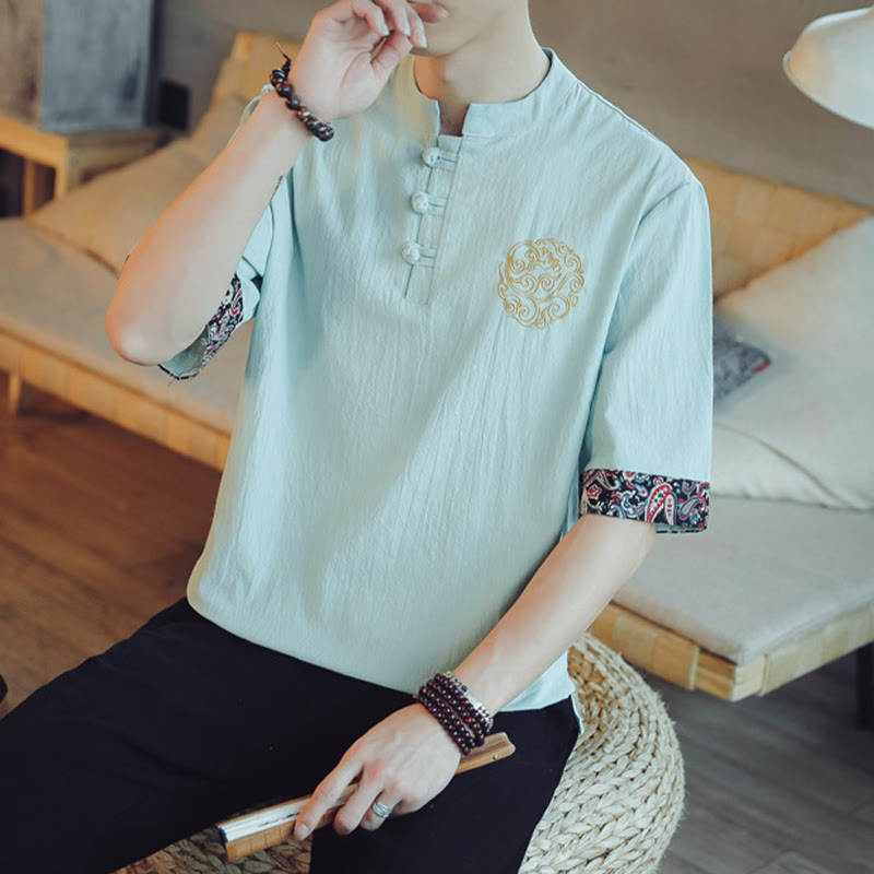 Frog-Button Dragon Embroidery Chinese Tang Suit Short Sleeve Shirt Linen Men Clothing