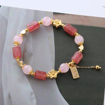 Strawberry Quartz and Pink Crystal Heart Flower Energy Bracelet for Women
