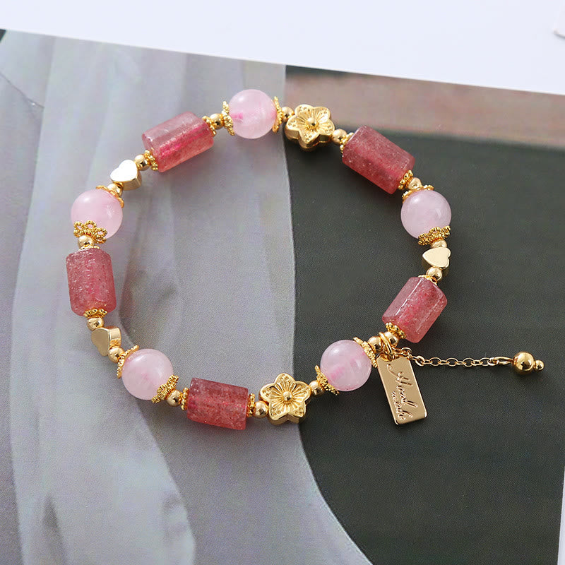 Strawberry Quartz and Pink Crystal Heart Flower Energy Bracelet for Women