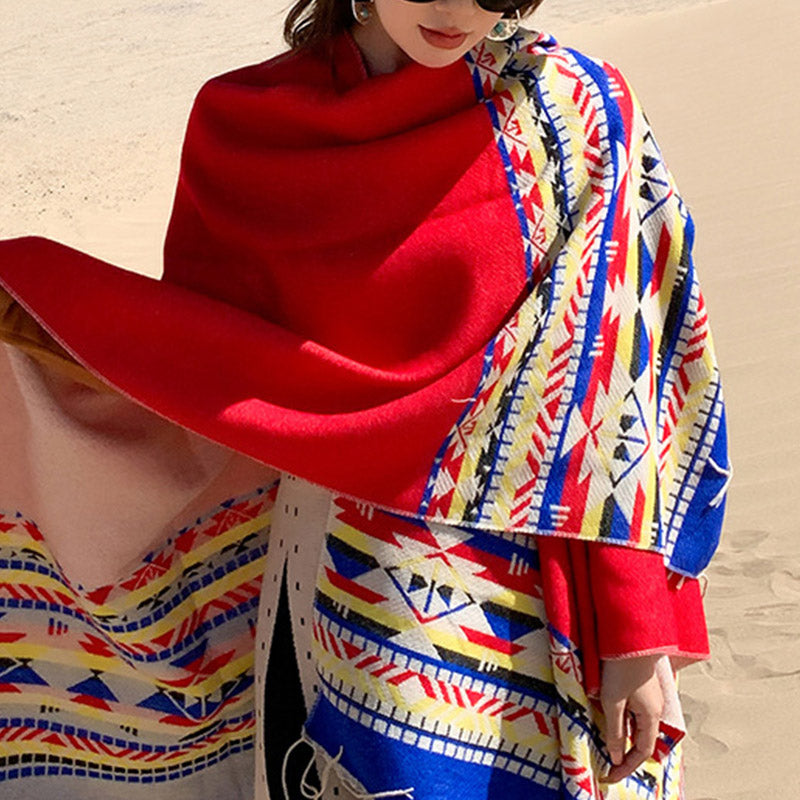 Tibetan Shawl Colorful Geometry Winter Cozy Travel Scarf Wrap