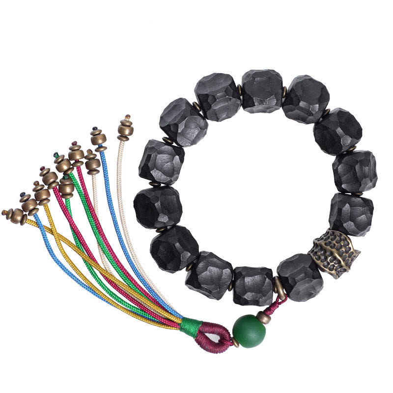 Tibetan Ebony Wood and Copper Peace Tassel Agate Wrist Mala