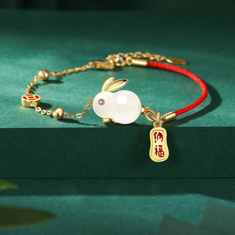 Year of the Rabbit White Jade Happiness Red String Chain Bracelet