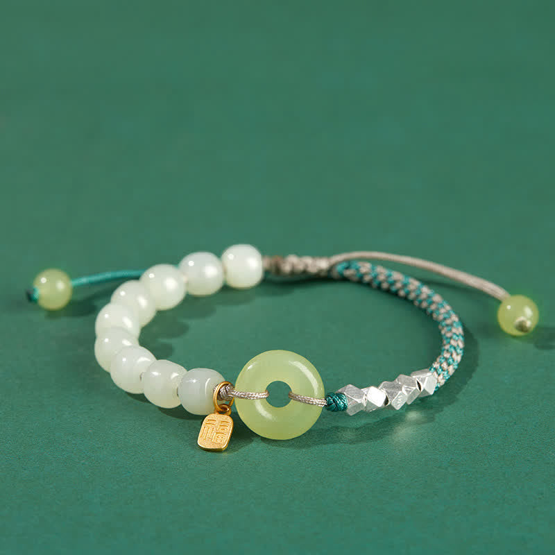 Hand-Woven Hetian Jade Ping An Kou Gold Plated Sterling Silver Beaded Bracelet