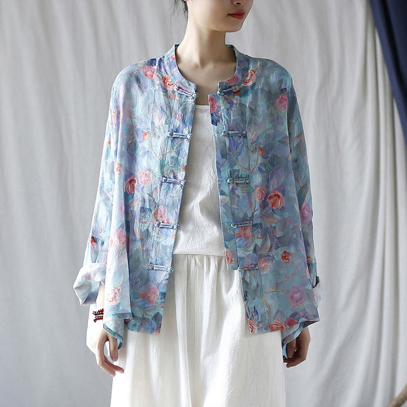 Pink Flowers Green Leaves Print Frog-button Design Long Sleeve Ramie Linen Jacket Shirt