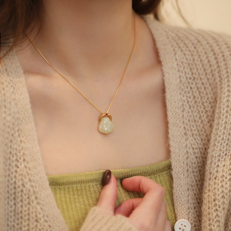 925 Sterling Silver Natural Hetian Jade Laughing Buddha Abundance Chain Necklace Pendant