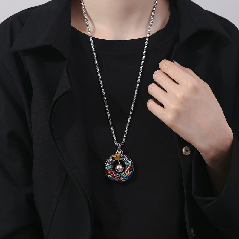 Year of the Dragon Colorful Double Dragons Playing Bead Copper Protection Necklace Pendant