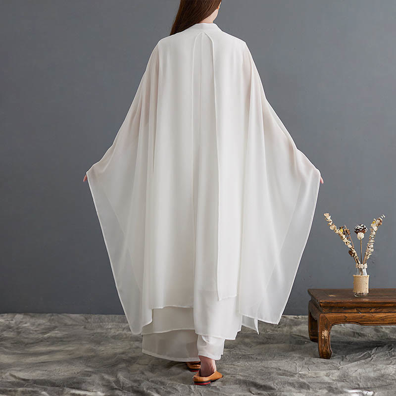 Chiffon Frog-Button Flowing Dress and Wide-Leg Meditation Set