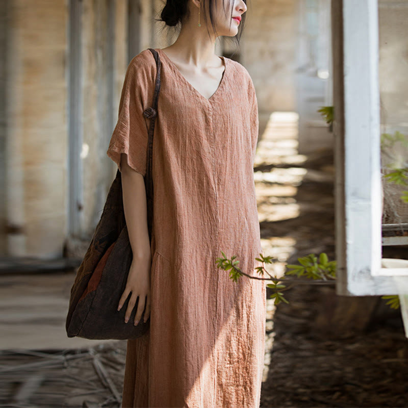 Handmade Tie Dye V-Neck Midi Dress Linen Short Sleeve Dress