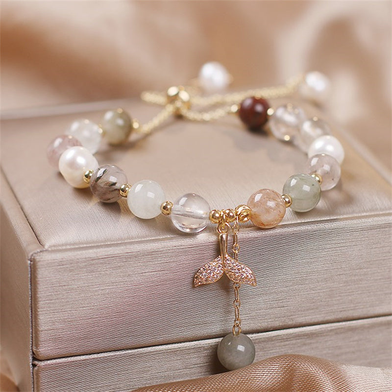 Crystalline Quartz & Copper Fishtail Charm Adjustable Energy Bracelet