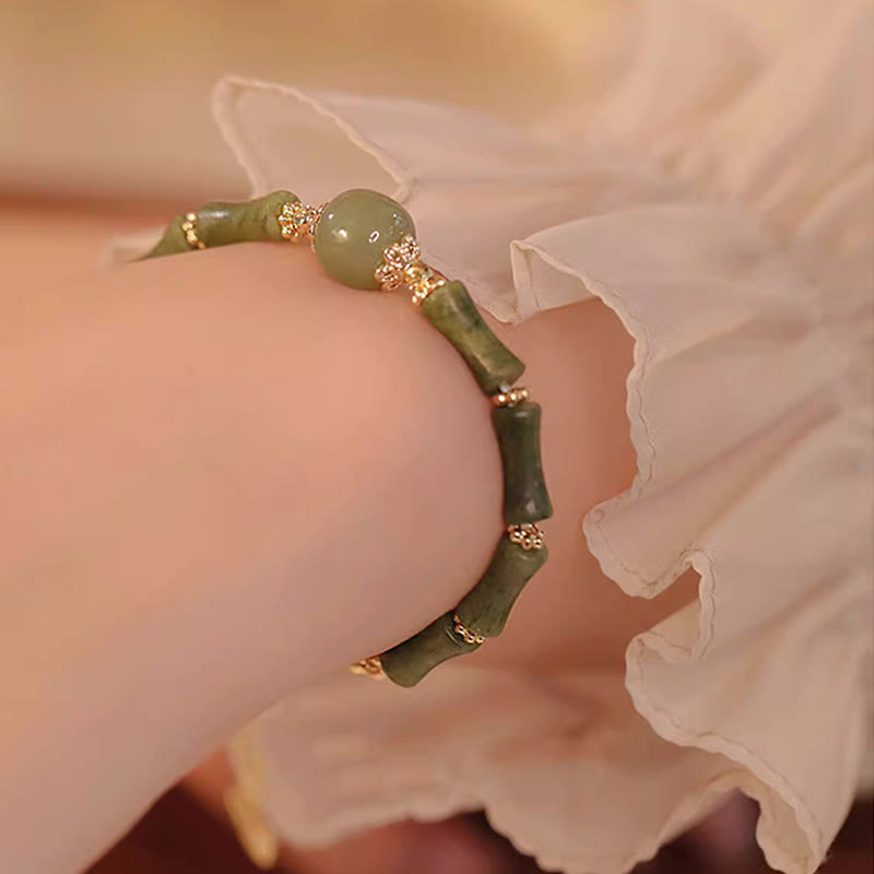 14K Copper Plated Peridot Hetian Jade Bamboo Pattern Luck Bracelet