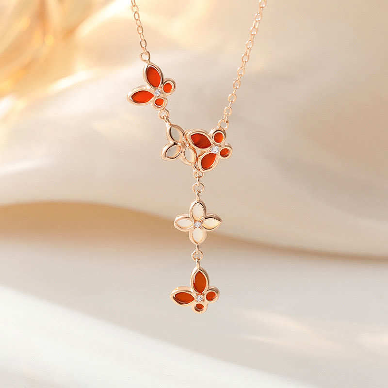 925 Sterling Silver Red Agate Tridacna Stone Butterfly Four Leaf Clover Calm Bracelet Necklace Pendant Set