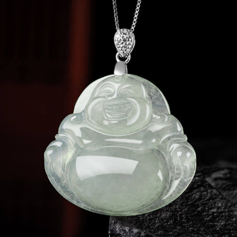 925 Sterling Silver Natural Jade Laughing Buddha Prosperity Abundance Chain Necklace Pendant